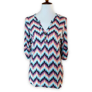 🍀 Pixley Stitch Fix Women’s Colorful Chevron Roll Sleeve Blouse Large - READ